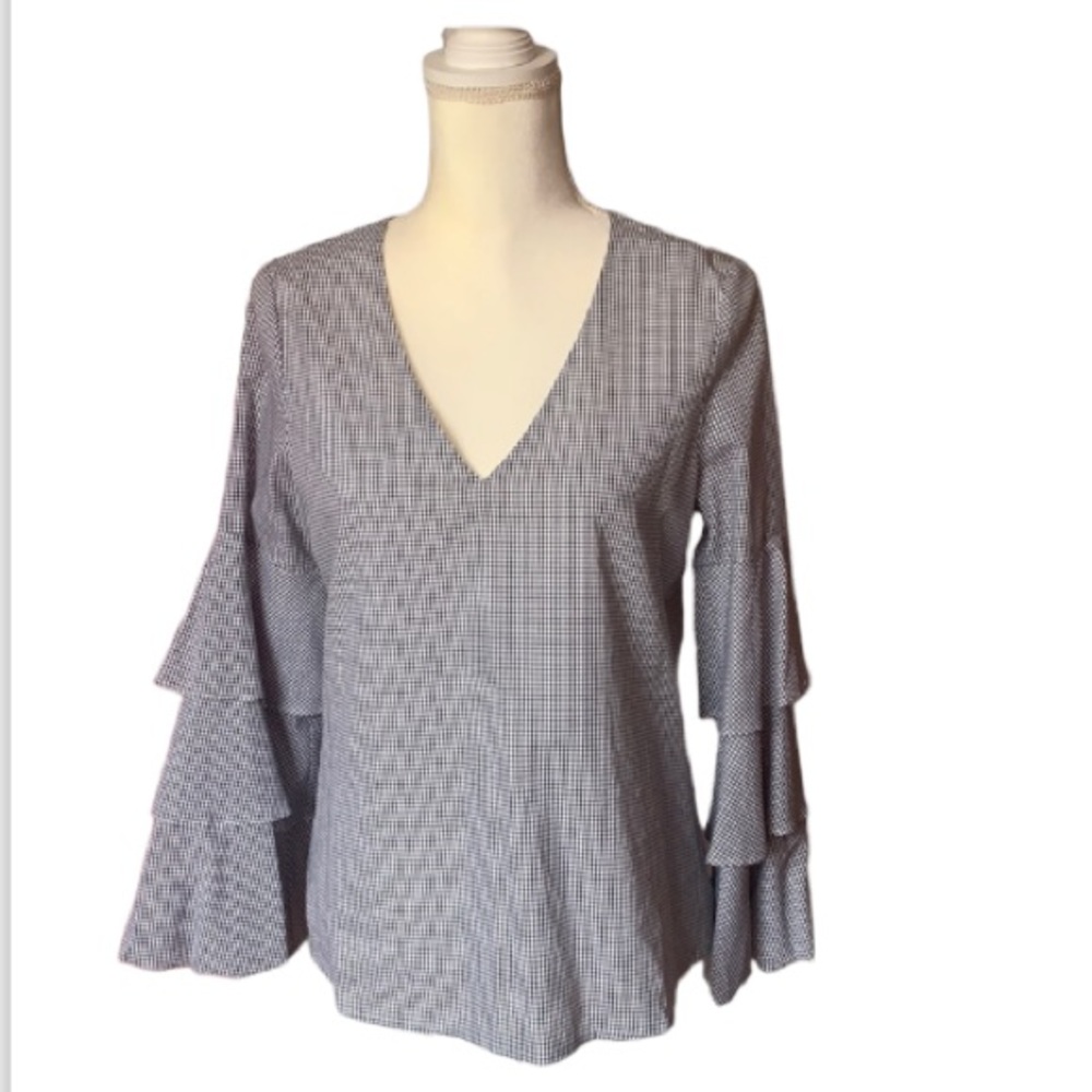 WRYF gingham style top blouse long bell sleeves v-neck fully lined size S